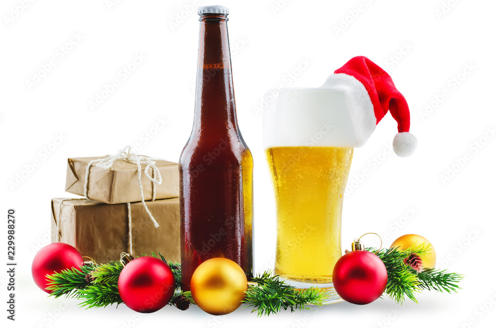 Beer in bottle and in glass with Christmas decoration Beer in bottle and in glass with Christmas decoration