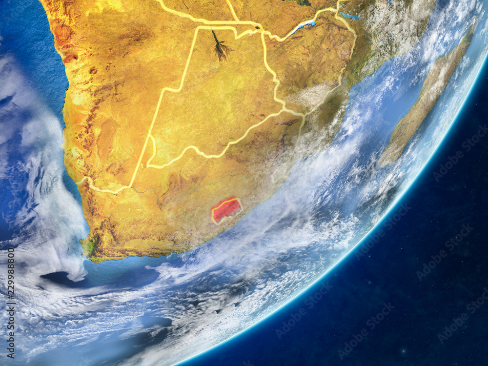 Lesotho on model of planet Earth with country borders and very detailed planet surface and clouds.