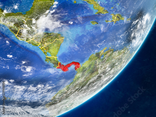 Panama on model of planet Earth with country borders and very detailed planet surface and clouds.