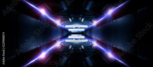 Neon lines on a dark background. Space background, lights space units. Abstract neon background, cosmic tunnels, corridors, lenses, glare, laser beams. The virtual reality