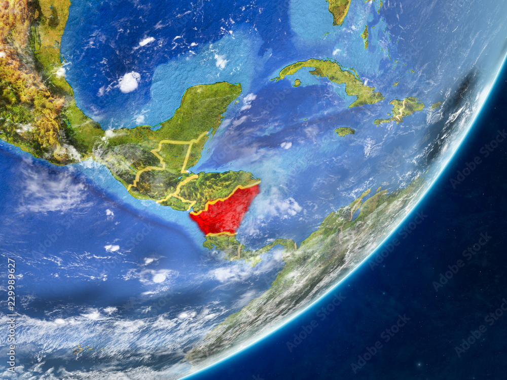 Nicaragua on model of planet Earth with country borders and very detailed planet surface and clouds.