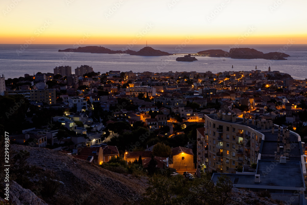 Marseille, France - October 3, 2018: Marseille bay and If castle viewed from Notre Dame de la Garde hill