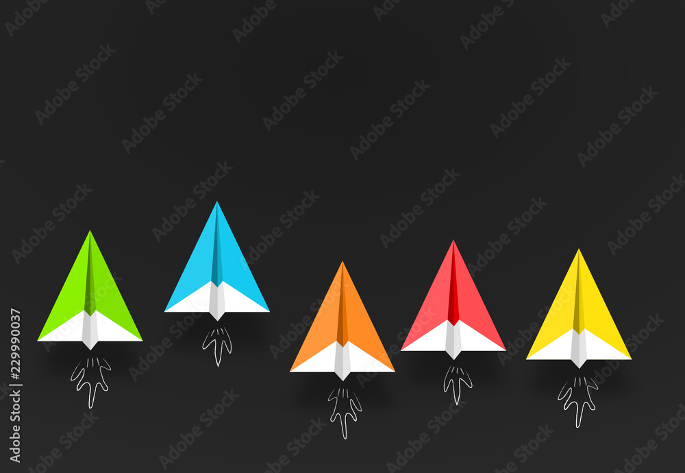  colorful paper planes or rockets , Business competition, start-up, boost or success concept.