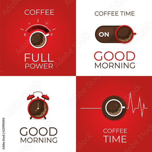 Coffee concept set. Coffee and on off switch, heartbeat, coffee power, alarm clock poster. Flat style, vector illustration. 
