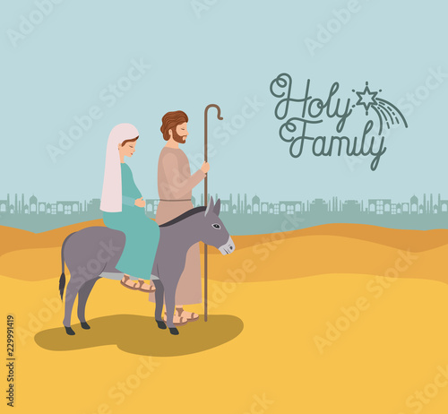 christmas card with holy family traveling in desert
