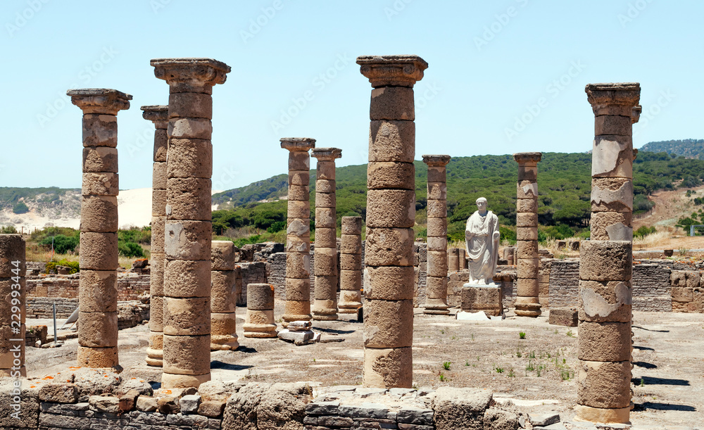 Ruins of Baelo Claudia in the Spanish province of Cadiz Roman Forum with several stones is located in the ruins of Baelo Claudia in the Spanish province of Cadiz