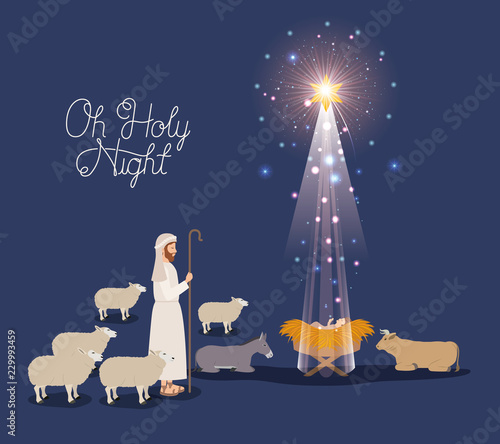 merry christmas card with jesus baby and sheeper