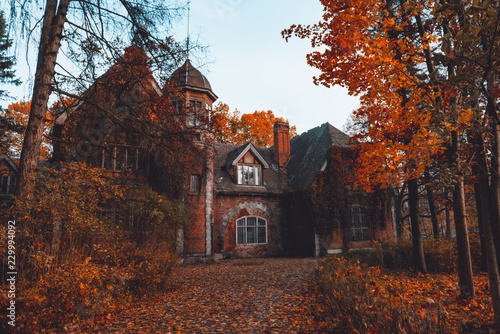 Manor house with trees in autumn colors and fall trees. Old Victorian Haunted House long abandoned to the ghosts. Abandoned house in autumn wood.