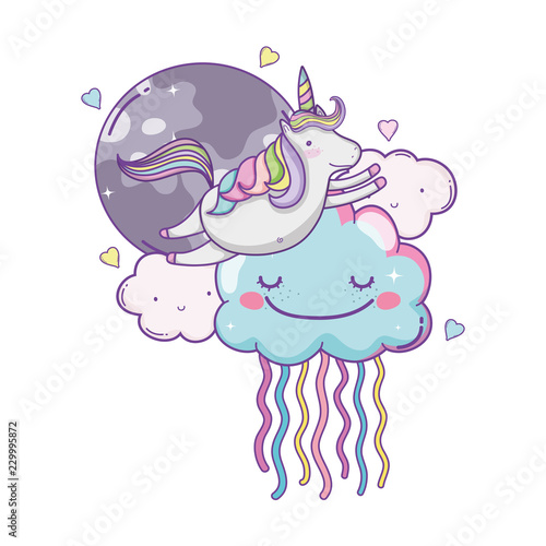 Unicorn on clouds cute cartoons photo