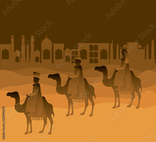wise men traveling in the desert christmas scene