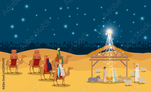 christmas desert scene with holy family in stable