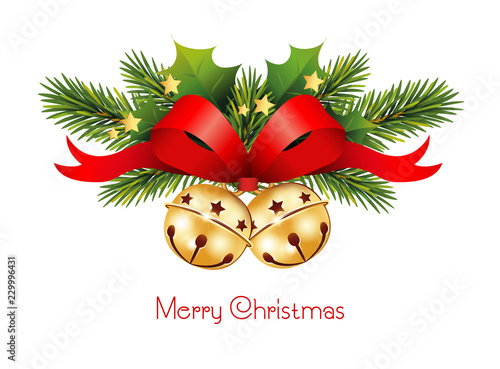 Weihnachtskarte in englisch mit Tannenzweige, Schellen Glöckchen,
Ilex Zweige, rote Schleife und Gold Sternchen, 
Weihnachtsbanner, 
Vektor Illustration isoliert auf weißem Hintergrund