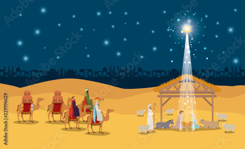 Fotografie, Obraz christmas desert scene with holy family in stable