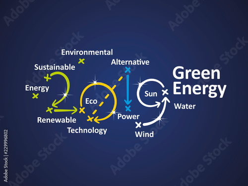 Green Energy 2019 word cloud blue background vector