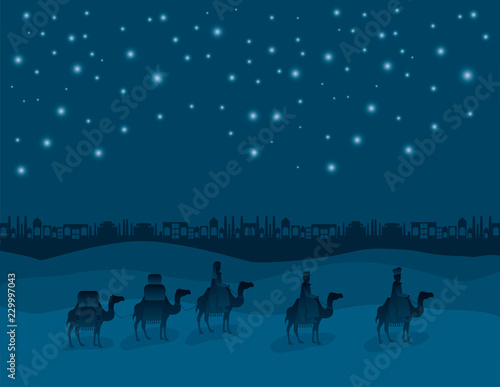 wise men traveling in the desert christmas scene