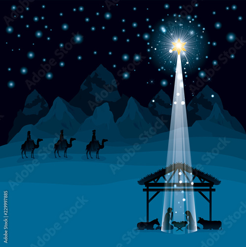 christmas desert scene with holy family in stable