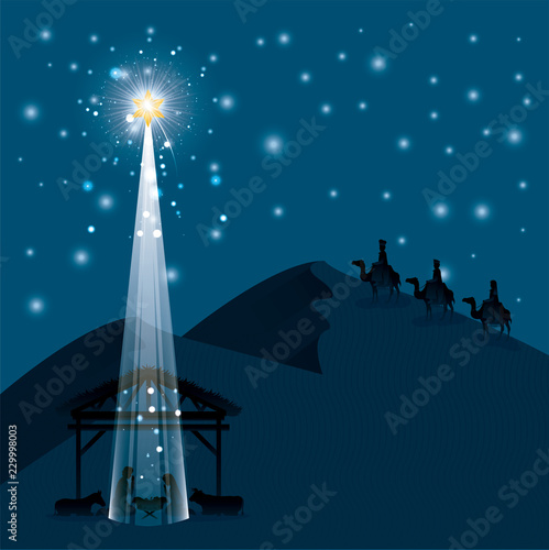 christmas desert scene with holy family in stable