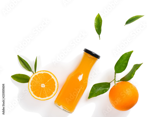 Flat lay of orange and juice.