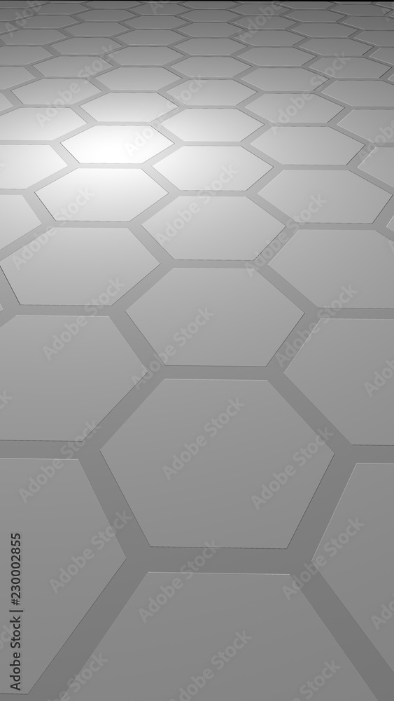 Fototapeta premium Plaster miodu na szarym tle. Widok perspektywiczny na wielokąt wygląda jak plaster miodu. Wytłaczana, wypukła komórka. Geometria izometryczna. Orientacja obrazu w pionie. Ilustracja 3D