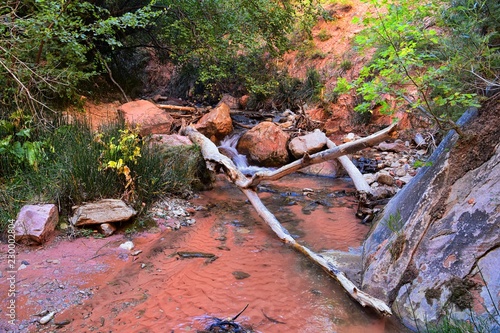 Kanarraville Falls, views from along the hiking trail of falls, stream, river, sandstone cliff formations Waterfall in Kanarra Creek Canyon by Zion National Park, Utah, USA. photo