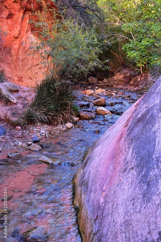 Kanarraville Falls, views from along the hiking trail of falls, stream, river, sandstone cliff formations Waterfall in Kanarra Creek Canyon by Zion National Park, Utah, USA. photo