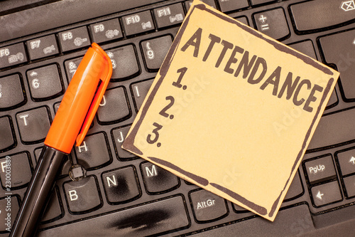 Conceptual hand writing showing Attendance. Business photo showcasing Going regularly Being present at place or event Number of showing.