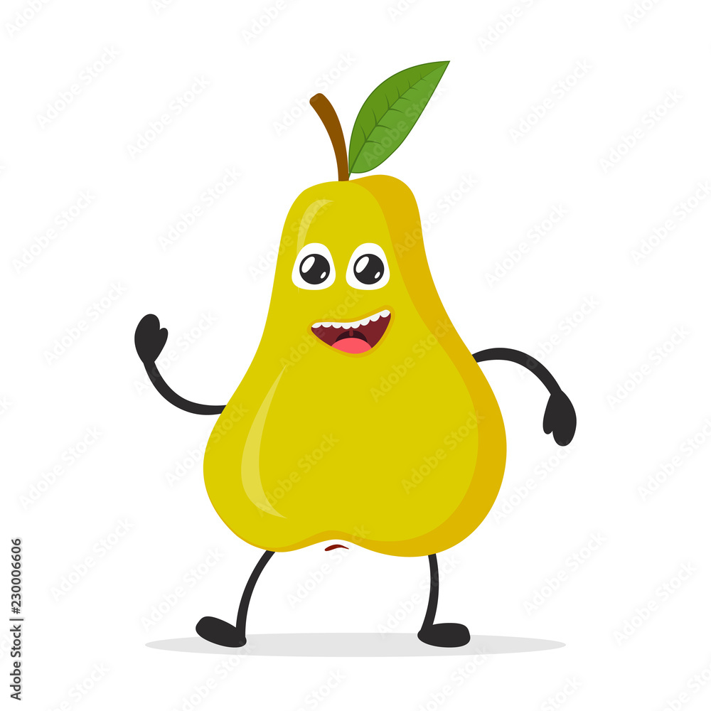 Happy smiling pear. Funny fruit concept. Flat cartoon character icon. Vector illustration. Happy smiling pear. Funny fruit concept. Flat cartoon character icon. Vector illustration.