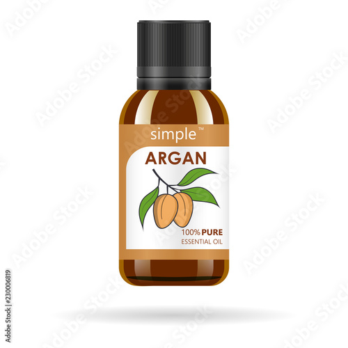 Realistic brown glass bottle with argan extract. Beauty and cosmetics oil - argan. Product label and logo template. Isolated vector illustration.