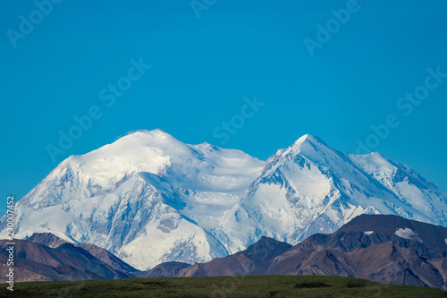 Denali National Park with the mountain in full view on a blue sky clear summer day. Negative space, plenty of room for copy and text