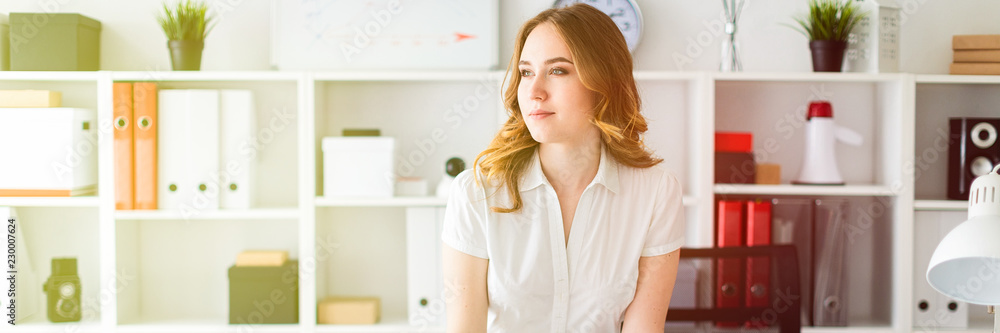 A beautiful young girl stands in the office, hands on the table. A beautiful young girl stands in the office, hands on the table.