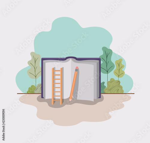 text book and stair wooden with forest landscape