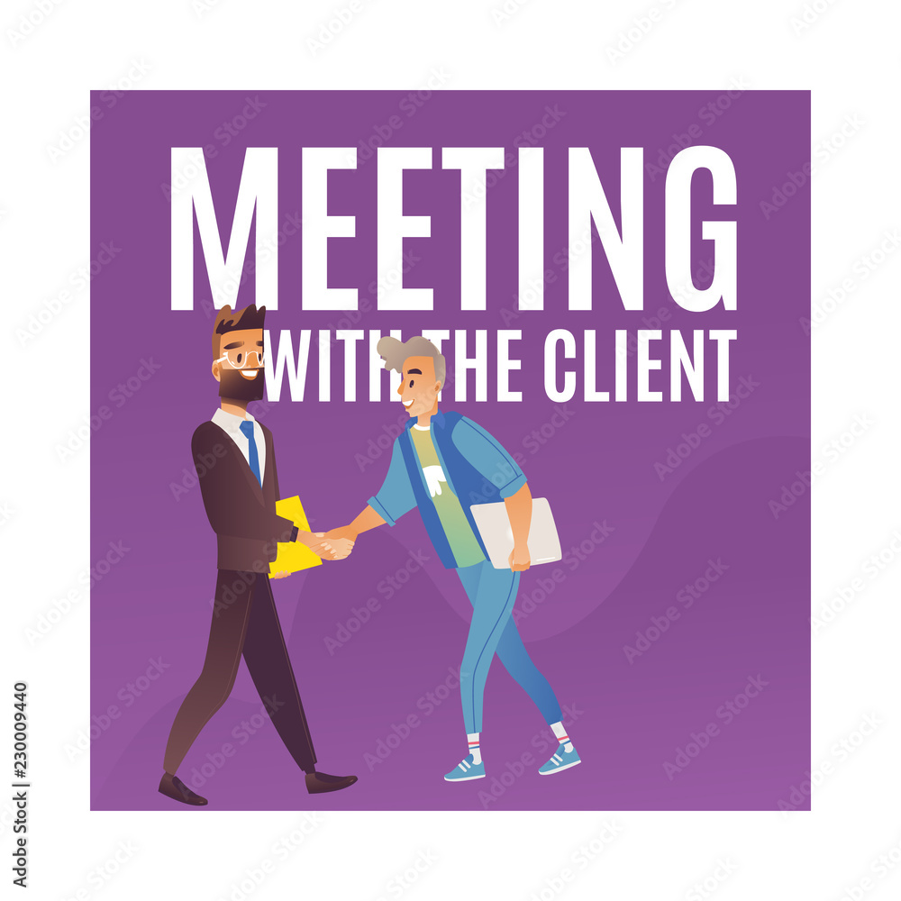 Vector business meeting with client with man in suit and male character in casual clothing shaking hands. Friendly communication and cooperation concept.