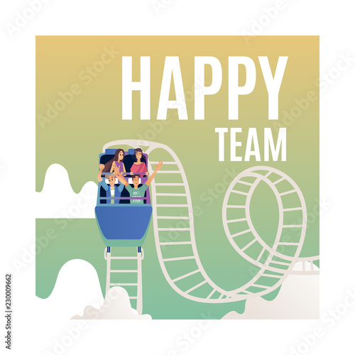Vector happy team poster with smiling male and female colleagues riding roller coaster with excitement. Successful cooperation, teambuilding within businessmen and businesswomen.