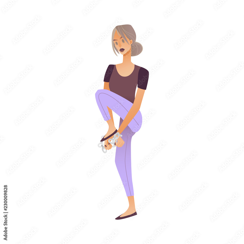 Vector young woman in casual clothing and long blonde hair standing trying to break chains Chained angry female character trying to break free. Cartoon isolated illustration Vector young woman in casual clothing and long blonde hair standing trying to break chains Chained angry female character trying to break free. Cartoon isolated illustration