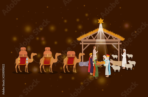 holy family in stable with wise kings manger