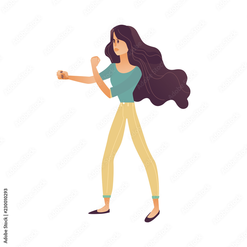 Vector young woman in casual clothing and long brunette hair standing in fight stance with hands fists ready to fight with angry, frustrated face emotions. Adult woman irritated, isolated illustration Vector young woman in casual clothing and long brunette hair standing in fight stance with hands fists ready to fight with angry, frustrated face emotions. Adult woman irritated, isolated illustration
