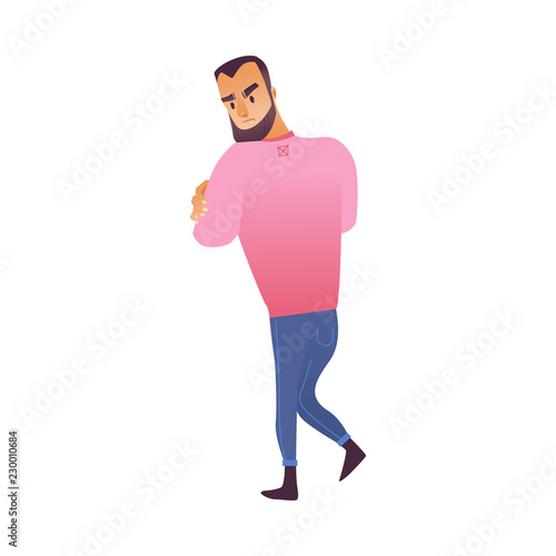 Vector illustration of offended and angry man stay with his back and turned around isolated on white background. Male cartoon character demonstrates his disgust and disagreement.