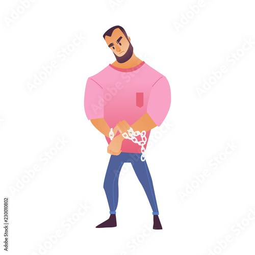Vector illustration of bearded man trying to free his hands from chain that binds them in cartoon style isolated on white background - young guy bound by circumstances and struggling with them.