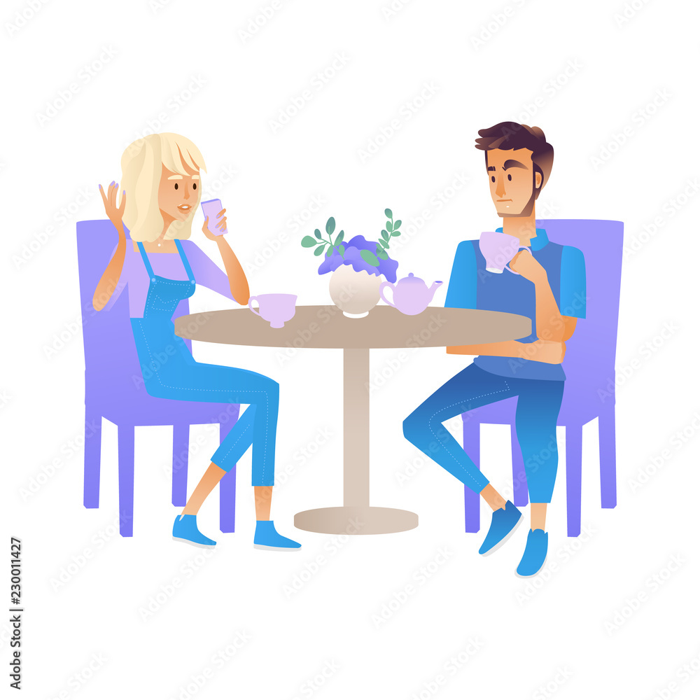 Vector illustration of talking people - young man and woman on date or meeting sitting at table drinking beverages and conversing isolated on white background in cartoon style. Vector illustration of talking people - young man and woman on date or meeting sitting at table drinking beverages and conversing isolated on white background in cartoon style.
