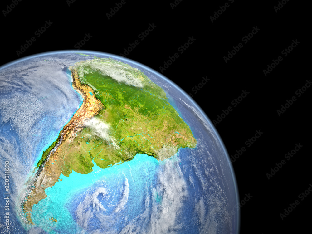 South America on planet Earth from space. Extremely fine detail of planet surface with real plastic mountains and ocean floor.