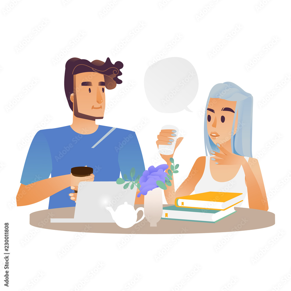 Vector young man and woman talking sitting at table with flowers with coffee or tea cups behind laptop and books with empty speech bubble in cafe, restaurant or home. Dating, friendly meeting concep Vector young man and woman talking sitting at table with flowers with coffee or tea cups behind laptop and books with empty speech bubble in cafe, restaurant or home. Dating, friendly meeting concep