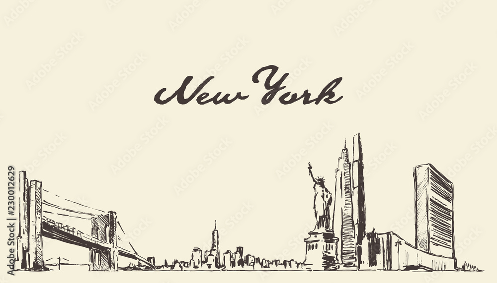 New York skyline, USA vector city drawn sketch New York skyline, USA vector city drawn sketch