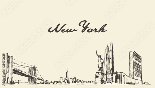 New York skyline, USA vector city drawn sketch