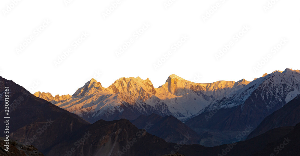 Fototapeta premium Snowy peak with sunlight isolated over white background.