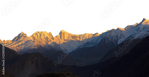 Snowy peak with sunlight isolated over white background.