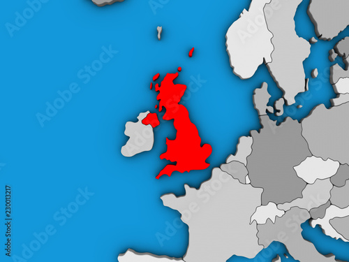 United Kingdom on blue political 3D globe.