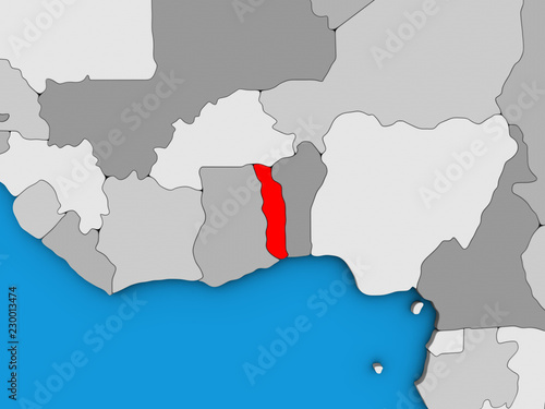 Togo on blue political 3D globe.