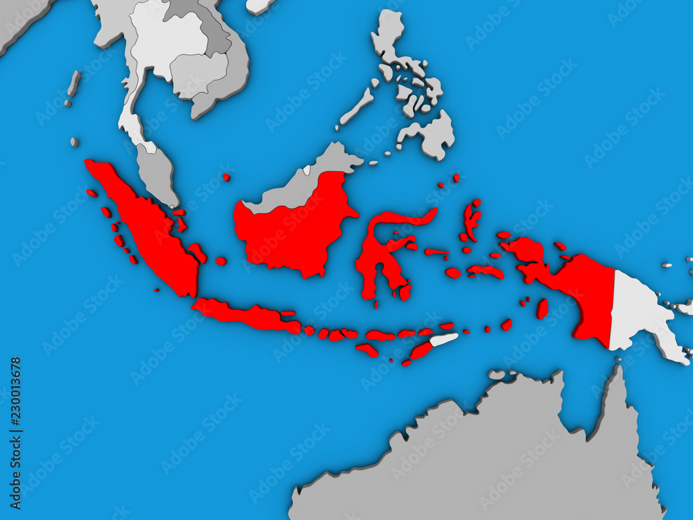 Indonesia on blue political 3D globe.