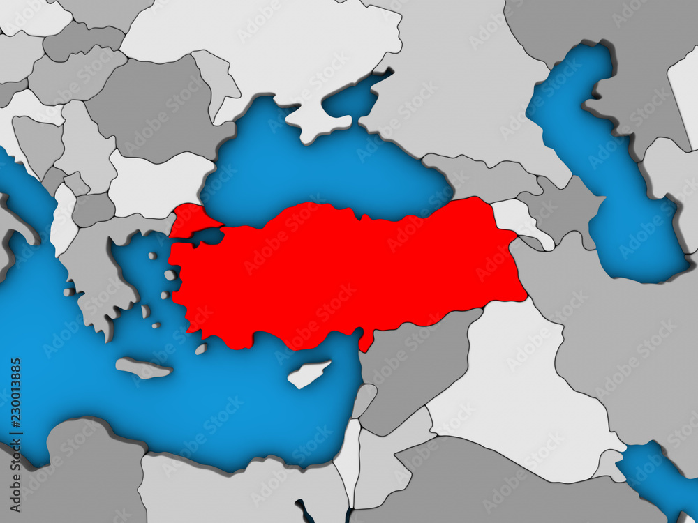 Turkey on blue political 3D globe.
