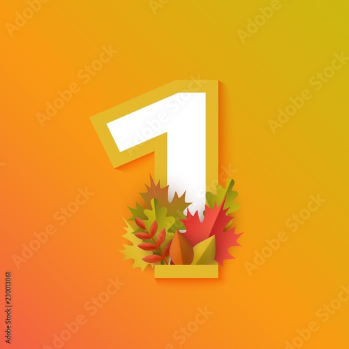 Vector autumn one number 1 with forest leaves on orange background. Seasonal typography symbol illustration with floral maple oak tree leaves, thanksgiving holiday sign